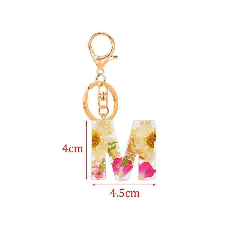 Keychains & Lanyards Letter Pendant Resin Key Chains Rings Women Cute Car Acrylic Glitter Dried Flower Alphabet Keyring Holder Charm Dhl9Q