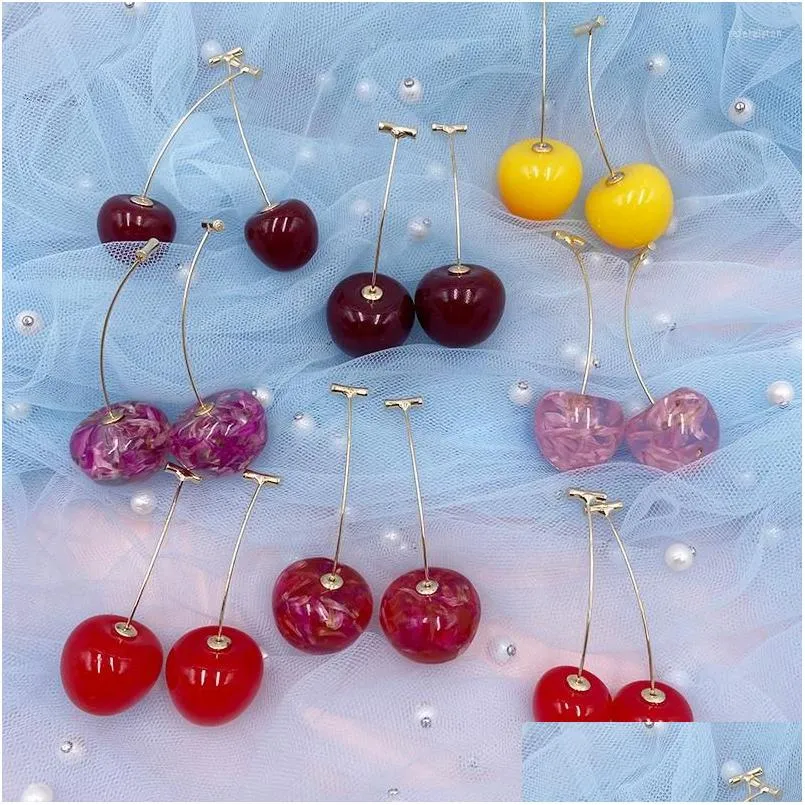 Dangle Chandelier Earrings Korean Cute Clear Resin Cherry For Women Gold Color Plated Fruit Drop Statement Jewelry Brincos Delivery Dhbni