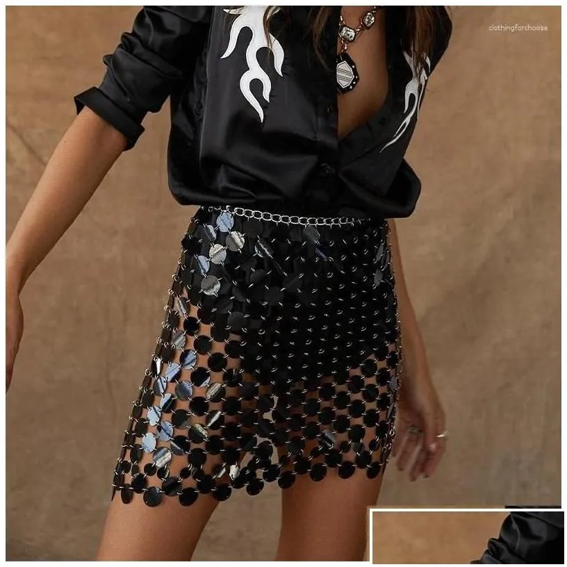 Skirts Black Body Chain Gold Dance Sequin Mail Link Mini Skirt 2023 Women Sier Disco Drop Delivery Apparel Womens Clothing Dhuek