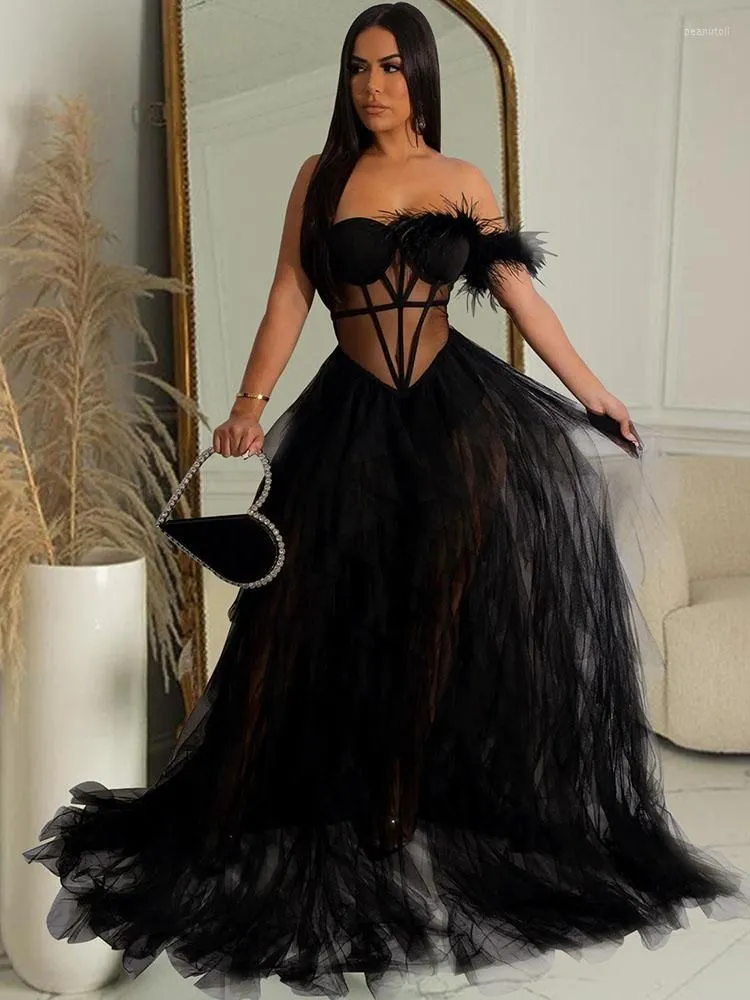 Casual Dresses Sexy Mesh Feather Birthday Party Prom Corset See Through Night Club Wedding Evening Gowns Women Clubwear Long Dress