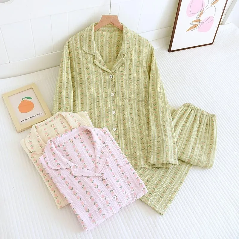 Women`s Sleepwear Cotton Korean Pajamas Women Spring Sweet Floral Print Pyjamas Long Sleeve Pijama Female Set Negligee Cardigan Suit