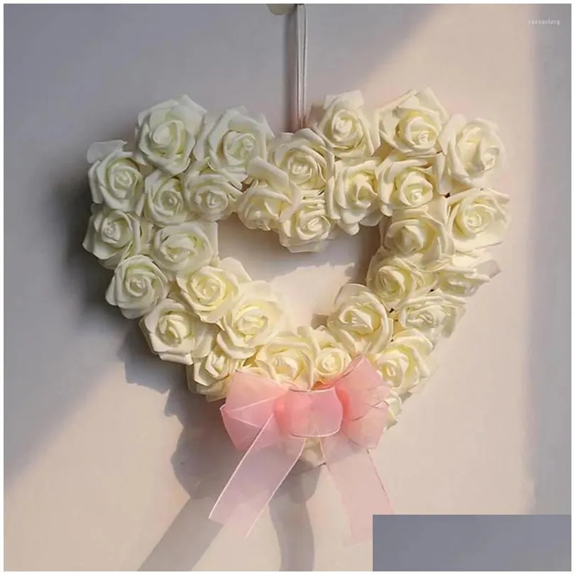 Decorative Flowers Party Wreath Realistic Rose Flower With Bow-knot For Wedding Love Heart Front Door Decoration Artificial Home
