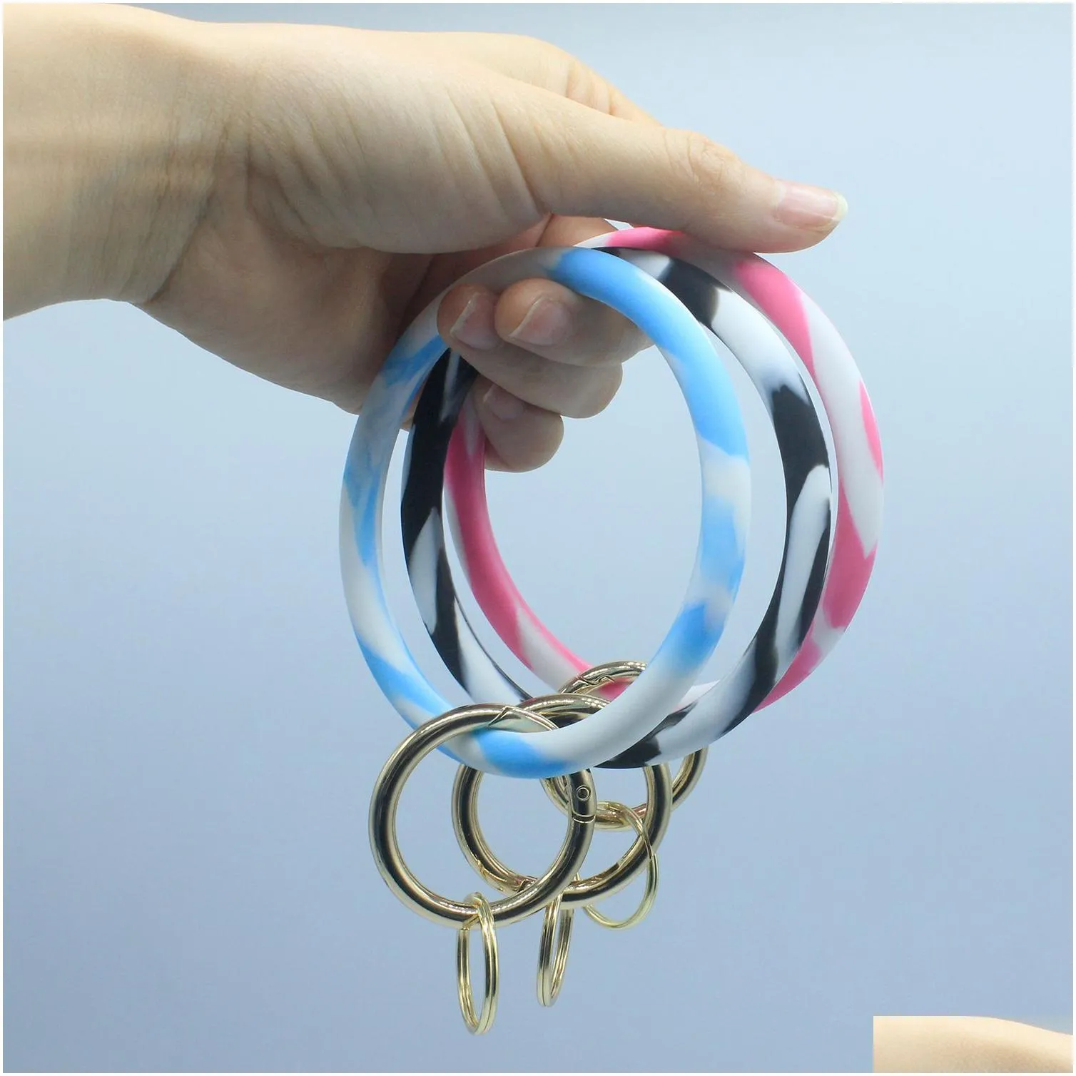 Key Rings Ins New Fashion Monogrammed Sile Wristlet Pink Blue Camouflage Bracelets Bangle Keyring Large Circle Keychain Bracelet Hold Dhueo