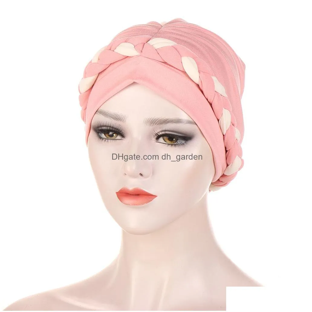 Beanie/Skull Caps New Muslim Braid Turban Hats Pretied Twist Silky Chemo Beanies Headwrap Plated Headwear For Cancer Hair Lo Dhgarden Dh7Jg