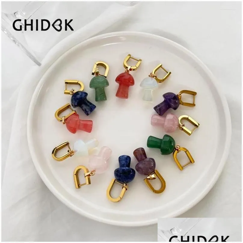 Hoop Earrings GHIDBK 6 Colors Gold Plated Natural Healing Stone Mushroom Pendant Stainless Steel Jewelry Waterproof