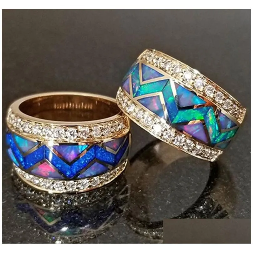 With Side Stones Fashion 18K Gold Wide Band Rings Ladies Rhinestone Paved Opal Ring Us Size 5-11 Drop Delivery Jewelry Dhzid