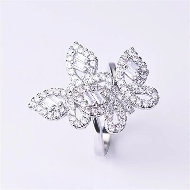 Two Butterflies Zircon Diamonds Rings For Women White Gold Color Wedding Engagement Band Cocktail Party Jewelry Shiny Gifts