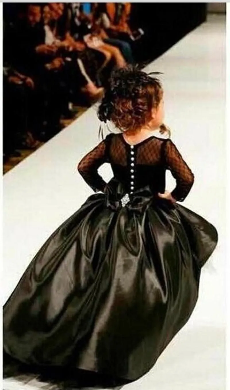 Girl`s Dresses Black Flower Girl High Low Scoop Long Sleeves Floor Length Satin Tulle Ball Gown Kids Wedding Party DressesGirl`s