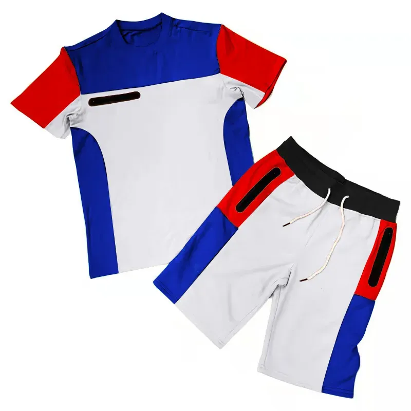 Summer men`s sports Tracksuits fitness short sleeve T-shirt round neck casual color matching five point shorts through foreign trade suit men`s