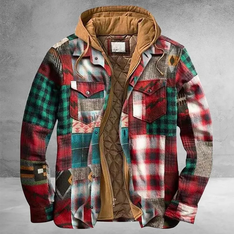 Men`s Jackets Men Retro Vintage Spring Winter Long Sleeve Plaid Shirt Jacket For Checked Coat Overcoat Hooded Pocket