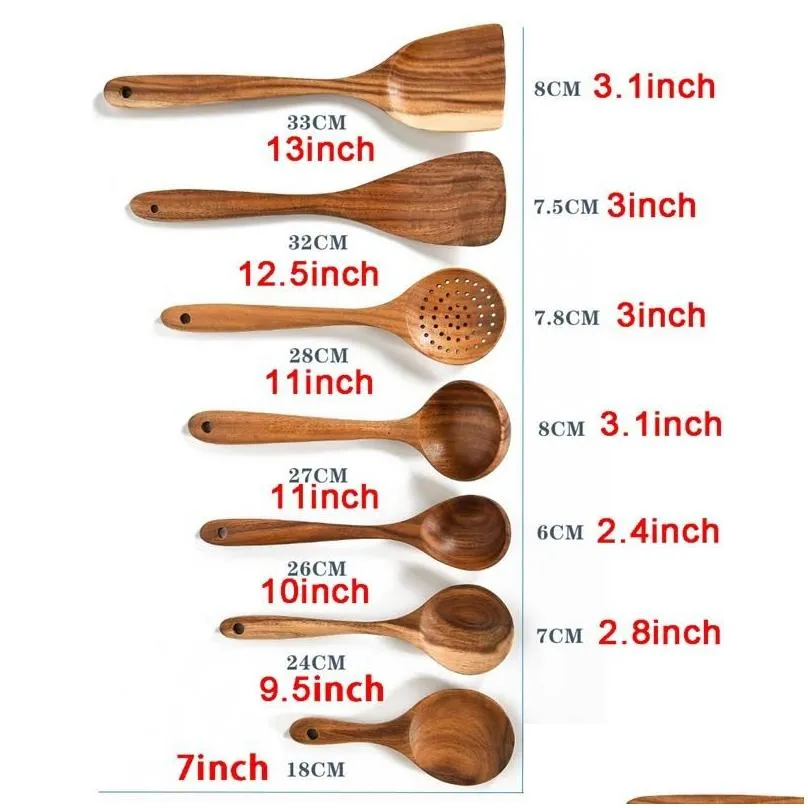 Spoons Teak Wood Tableware Spoon Colander Long Handle Wooden Non-Stick Special Cooking Spata Kitchen Tool Utensils Kitchenware Gift Db Dhkpa