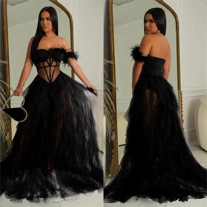 Casual Dresses Sexy Mesh Feather Birthday Party Prom Corset See Through Night Club Wedding Evening Gowns Women Clubwear Long Dress