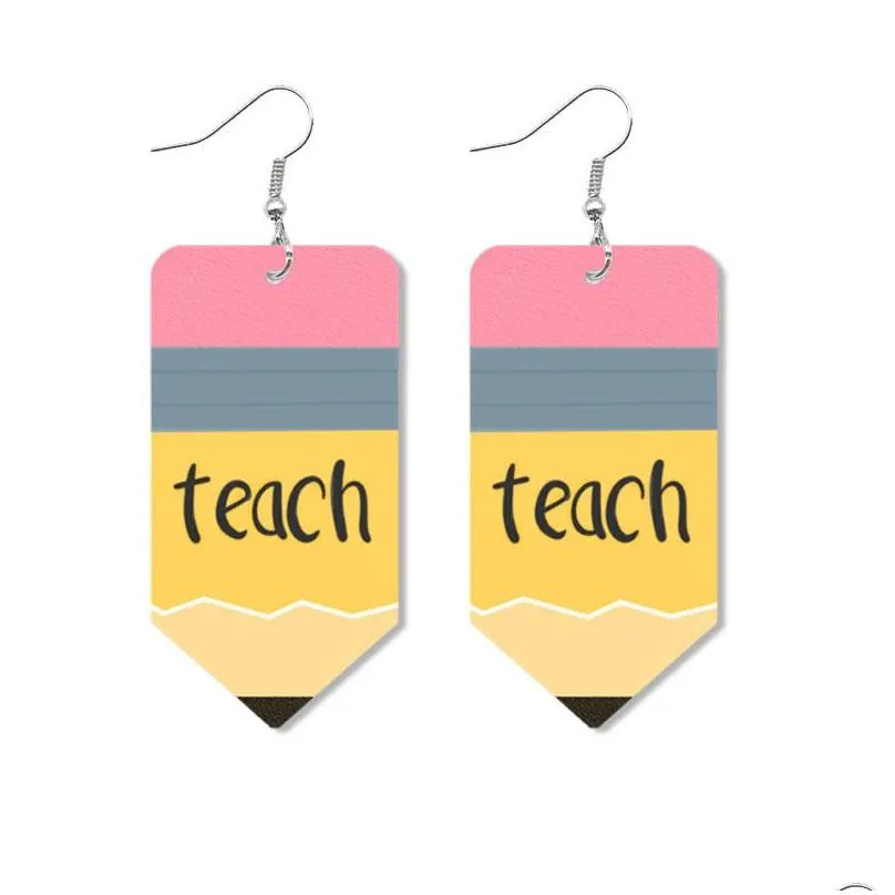 Dangle & Chandelier New Fashion Cute Printed Pencil Rainbow Color Leather Earring I Love Music Art Earrings School Teacher Students A Dhsvk