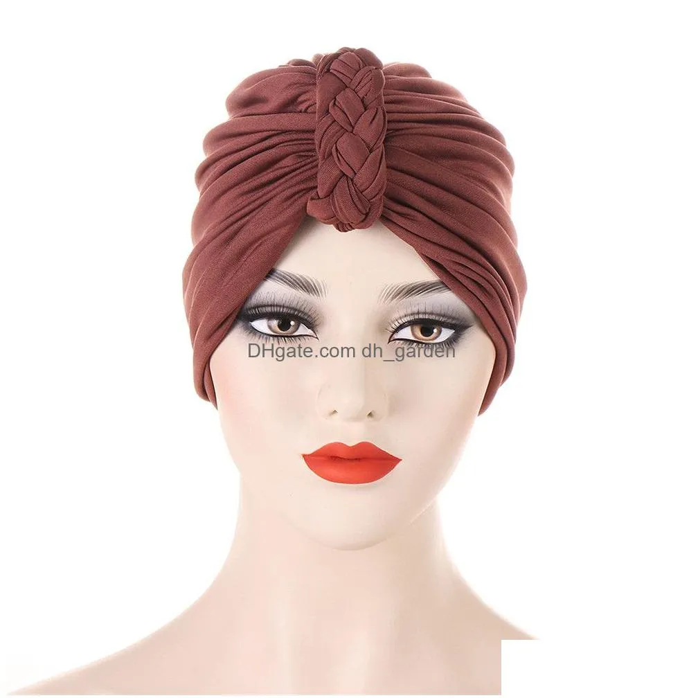 Beanie/Skull Caps Women Solid Color Hair Loss Turban Cap Female Muslim Hat Bonnet Braids Knot Head Er Night Lady Headband Ac Dhgarden Dh6Ix