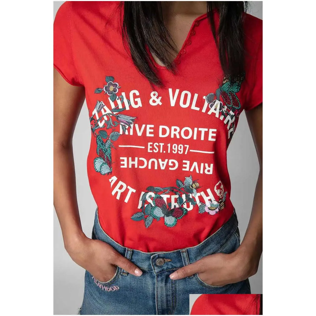 Women`S T-Shirt Zadig Voltaire 23Ss Summer Cotton New Women Designer T Shirt Classic Letter Print Flower Embroidery U Neck Short Sleev Ot14O