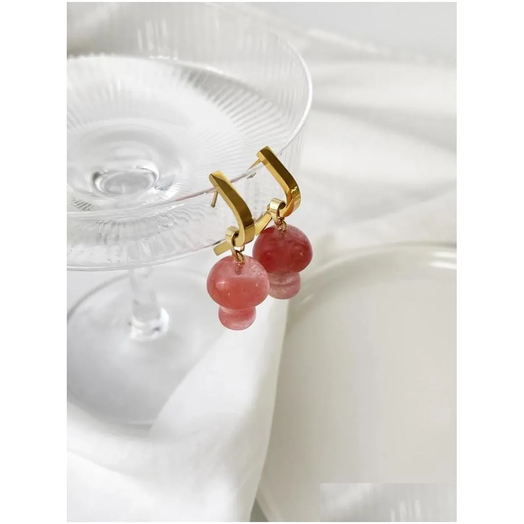 Hoop Earrings GHIDBK 6 Colors Gold Plated Natural Healing Stone Mushroom Pendant Stainless Steel Jewelry Waterproof