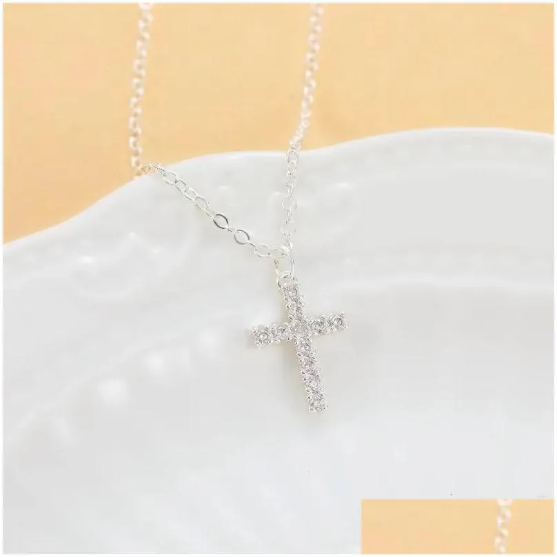 Pendant Necklaces Dainty Cross Necklace For Women 14K Gold Plated Cubic Zirconia Simple Cute Drop Delivery Otubv