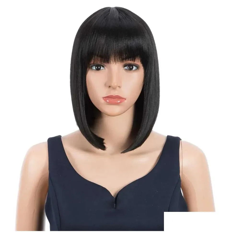 Wigs FASHION IDOL 10 Inch Short Straight Bob Wig Synthetic Bangs for Women Blue Blonde Wig Party Daily Use Shoulder Length Fake Hair