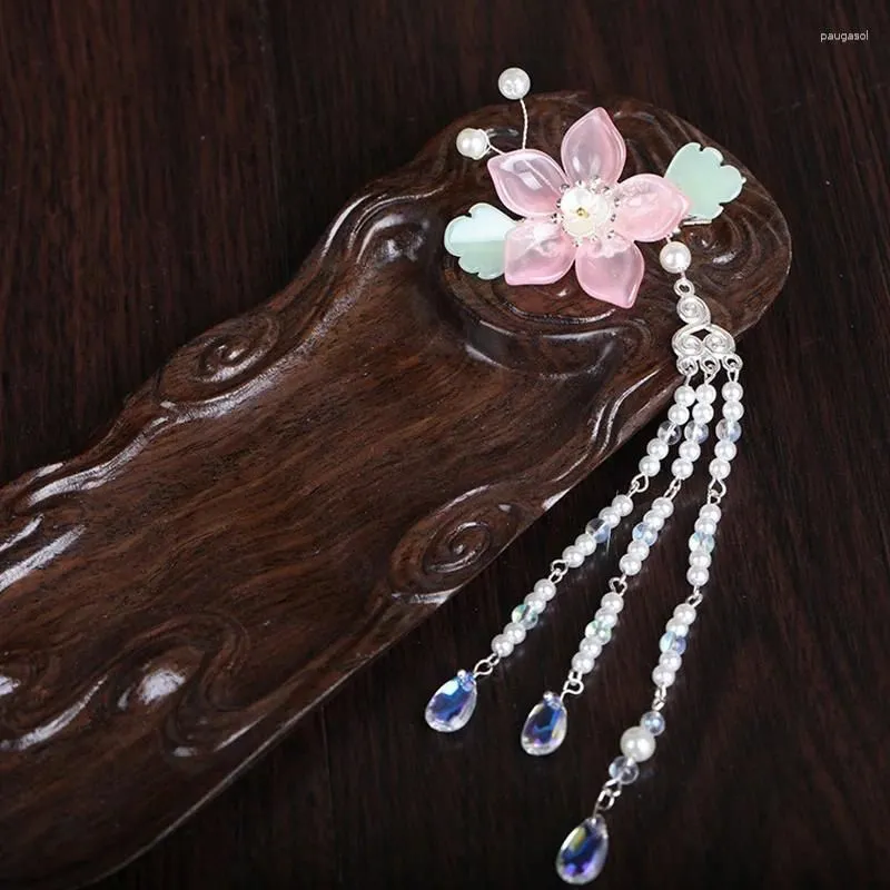 Hair Clips Sweet Flower Pearls Long Tassel Hairpin Hanfu Clip Girl Traditional Baby Headdress Handmade