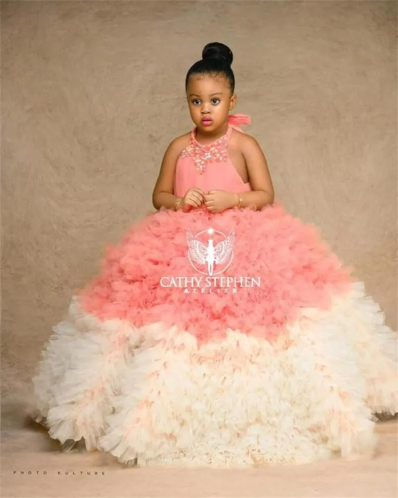 Girl`s Dresses Ball Puffy Flower Girl For Wedding Halter Beads Crystal African Girls Pageant Gowns Tiered Skirts Tulle Kids Prom Dress