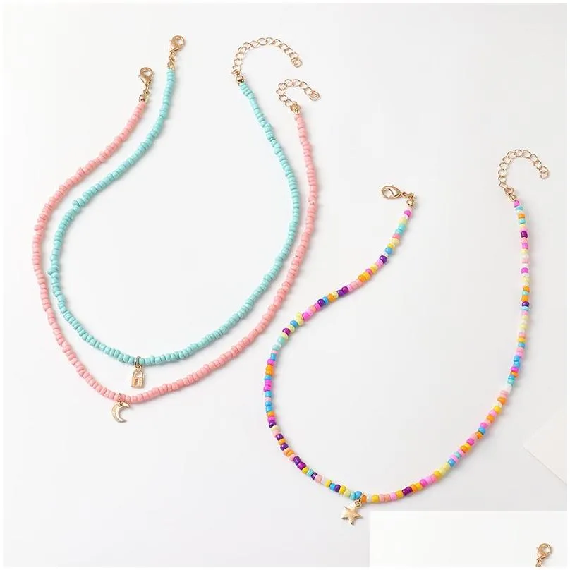 Beaded Necklaces Womens Moon Star Charms Colorf Seed Beads Necklace Boho Rainbow Chocker Summer Beach Jewelry 3Pcs/Set Drop Delivery P Dhhxw