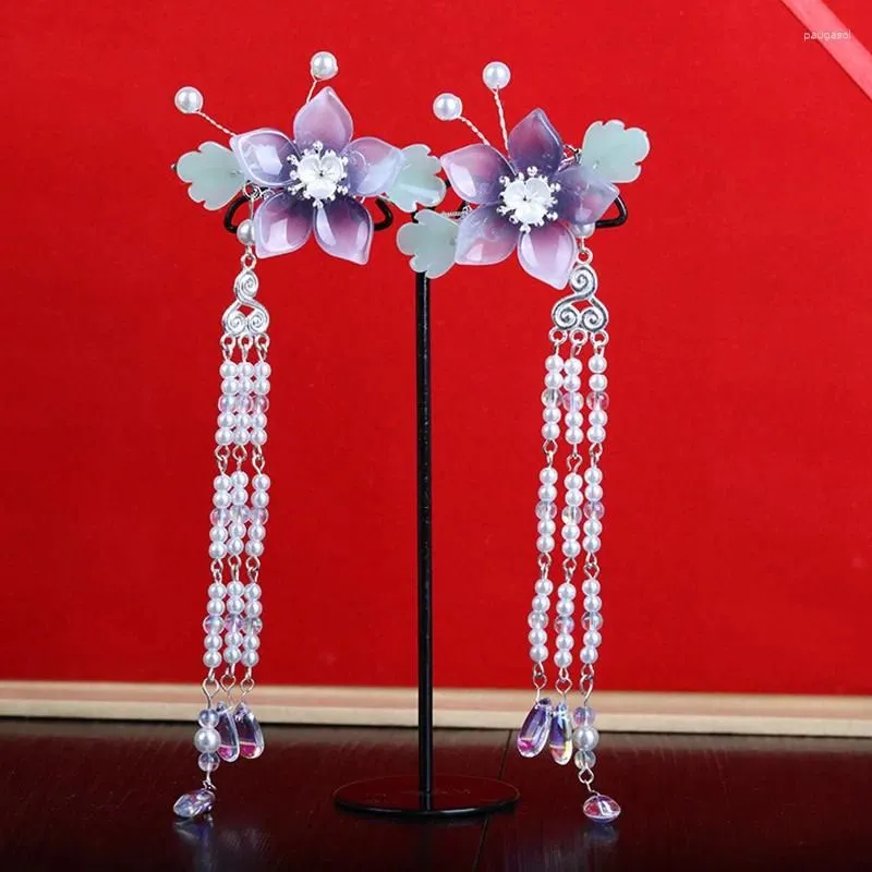 Hair Clips Sweet Flower Pearls Long Tassel Hairpin Hanfu Clip Girl Traditional Baby Headdress Handmade