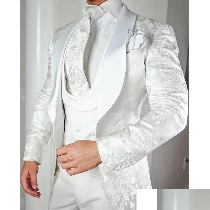 Men`s Suits & Blazers White Floral Wedding Tuxedo For Groom 3 Piece Slim Fit Men With Satin Shawl Lapel Custom Male Fashion Costume Jacket