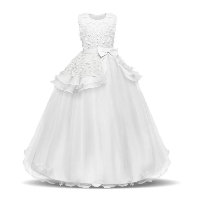 Girl`s Dresses Summer Flower Princess Girl Tulle Dress Teenagers For Short Sleeve Clothes Children Prom Gown White