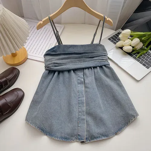 Women`s Tanks Tank Top Casual Slim Sexy Pleated Solid Color Denim Strap Tops Pullover Sleeveless Camisole Korean Fashion Drop