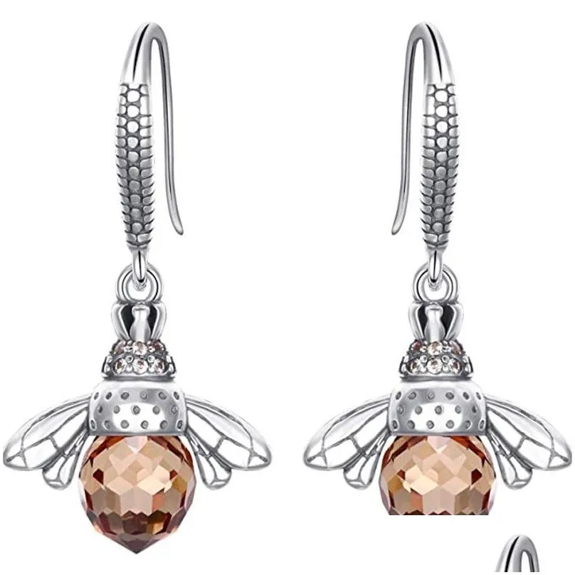 Dangle & Chandelier 925 Sier Color Crystal Little Bees Earrings Fashion Female Champagne Crystals Animal Style Earring Jewelry Wholes Dh5Ne