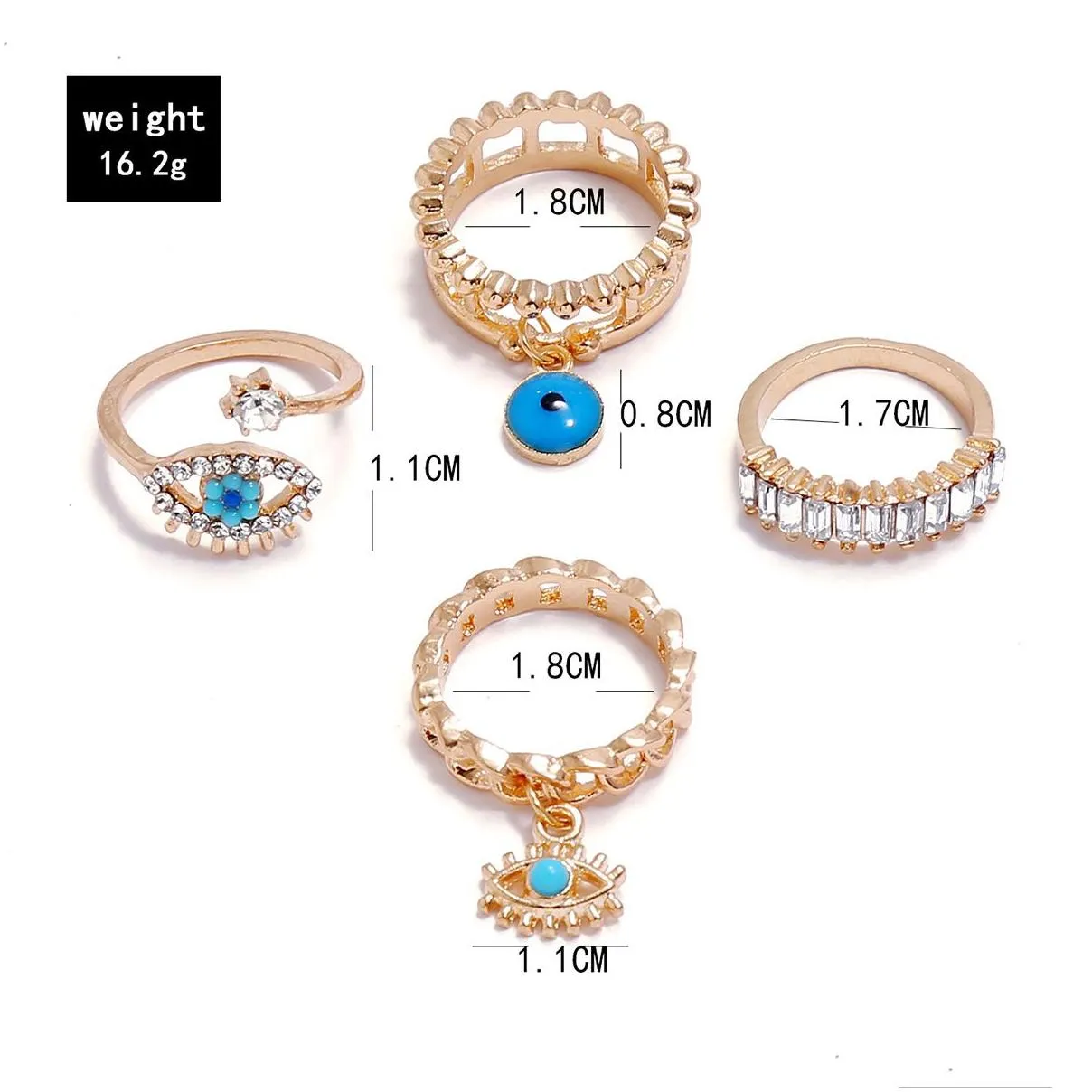 With Side Stones 4Pcs/Set New Fashion Turquoise Diamond Finger Rings Women Girls 18K Glod Evil Eye Ring Jewelry Set Drop Delivery Dhzx4