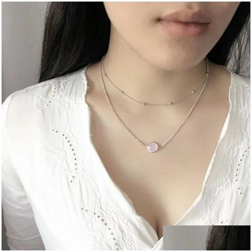 Pendant Necklaces Necklace Jewelry Gold Gemstone Round Pendants Double Layer Chocker Pink White Green Healing Crystals For Drop Delive Dhhkv