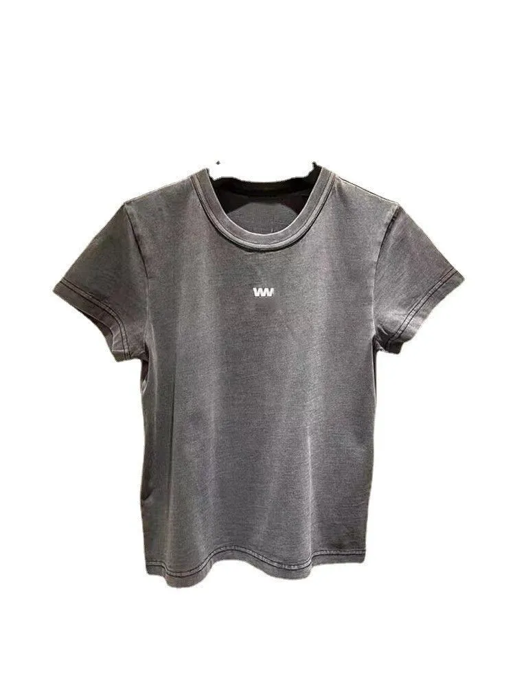 Women`s T Shirts Spring New Waistband Versatile Solid Print Short Sleeve Top T-Shirt
