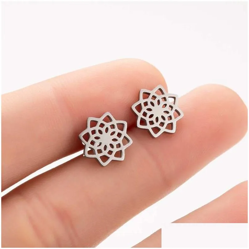Stud Women Girls Cute Flower Cactus Leaf Gold Black Earrings Fashion Stainless Steel Party Daily Jewelry Accessories Drop Delivery Dhfgu
