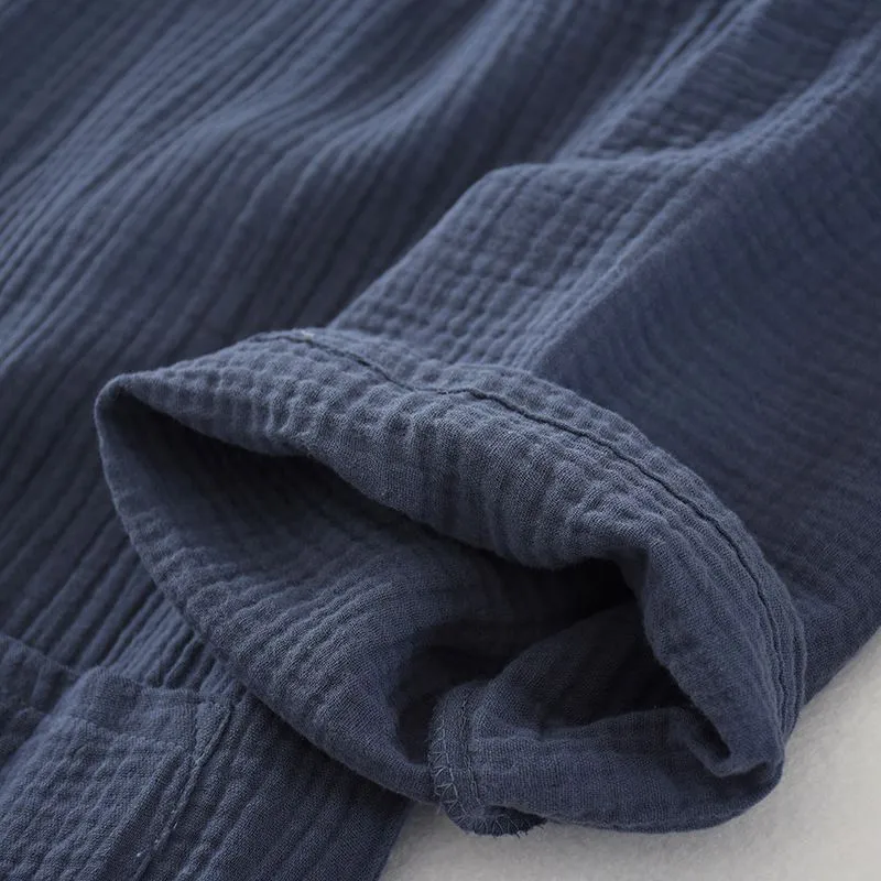 Men`s Kimono Nightgown Cotton Crepe Mens Robe Loose Bathrobe Male Blue Grey Cardigan Home Wear Clothes Sleepwear Men Robe