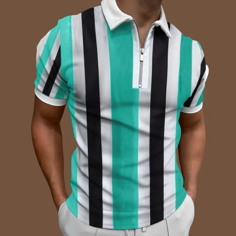 Men`s Polos Male Shirts Stripe Print Zipper Turn Down Collar Blouse Short Sleeve Tops Shirt Summer Top Camisas HombreMen`s Men`sMen`s