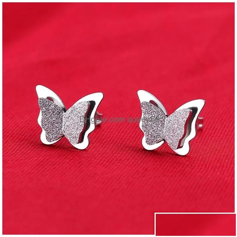 Stud Cute Rose Gold Frosted Butterfly Girls Exquisite Stainless Steel Animal Earring For Women Child Jewelry Gift 1 Pair Drop Delivery