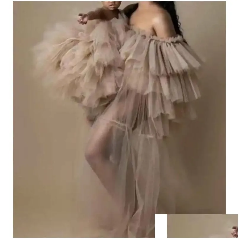 2023 New Fluffy Mother And Me Tulle Dresses Ruffles With Train Plus Size For Photo Shoot Mom and Daughter Tulle Evening Dress