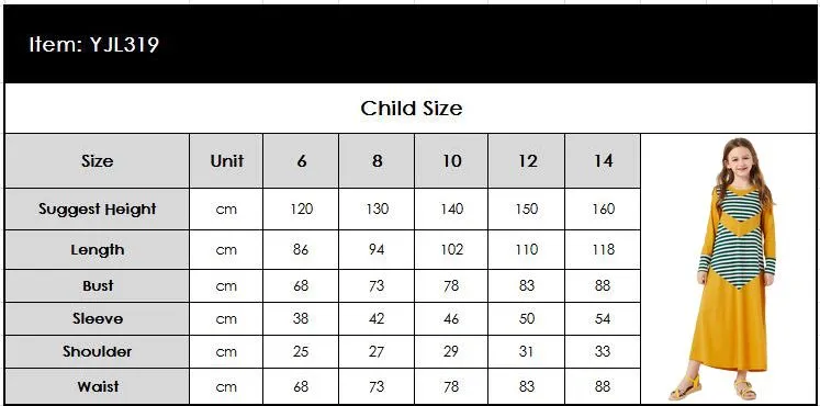 Spring Kids Girls Long Sleeve Dress Stripe Abaya Dubai Kaftan Muslim Child Jilbab Islamic Party Cocktail Gown Arab Robe Ramadan