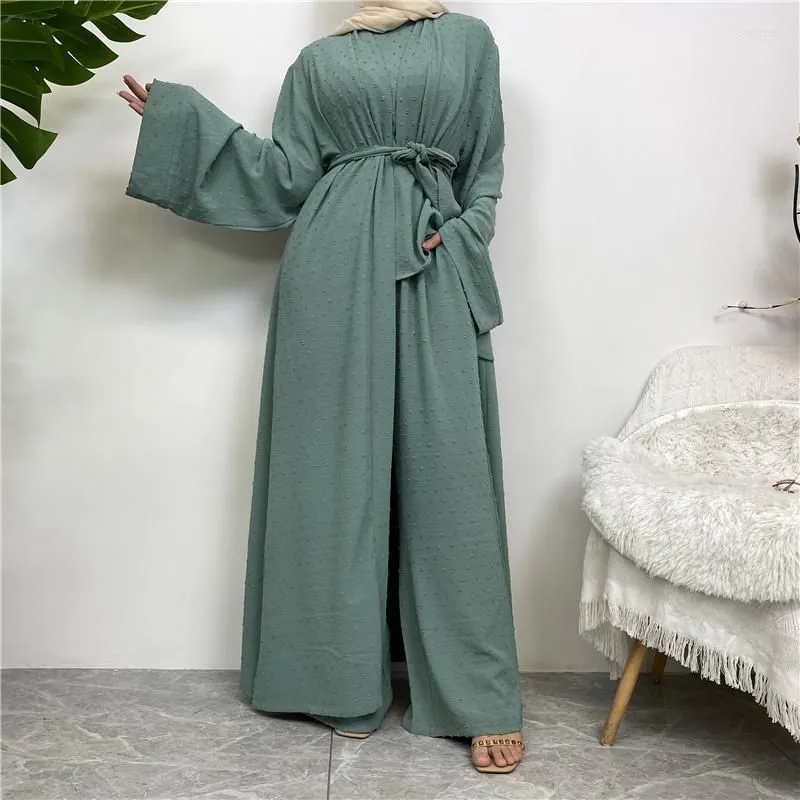 Ethnic Clothing 3 Piece Sets For Muslim Women Long Cardigan Top And Pants With Pockets Islamic Robe Modest Eid Ramadan Abaya Suits