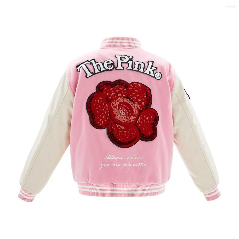 Men`s Jackets Vandy The Pink Varsity Patchwork EmbroideryCasual Loose University Jacket