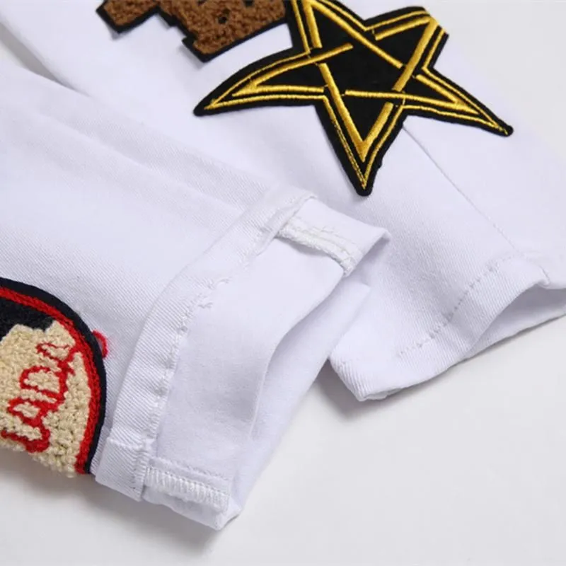 Men`s Jeans Men White Stretch Denim Streetwear Beauty Badge Patches Patchwork Pants Slim Skinny Embroidery TrousersMen`s
