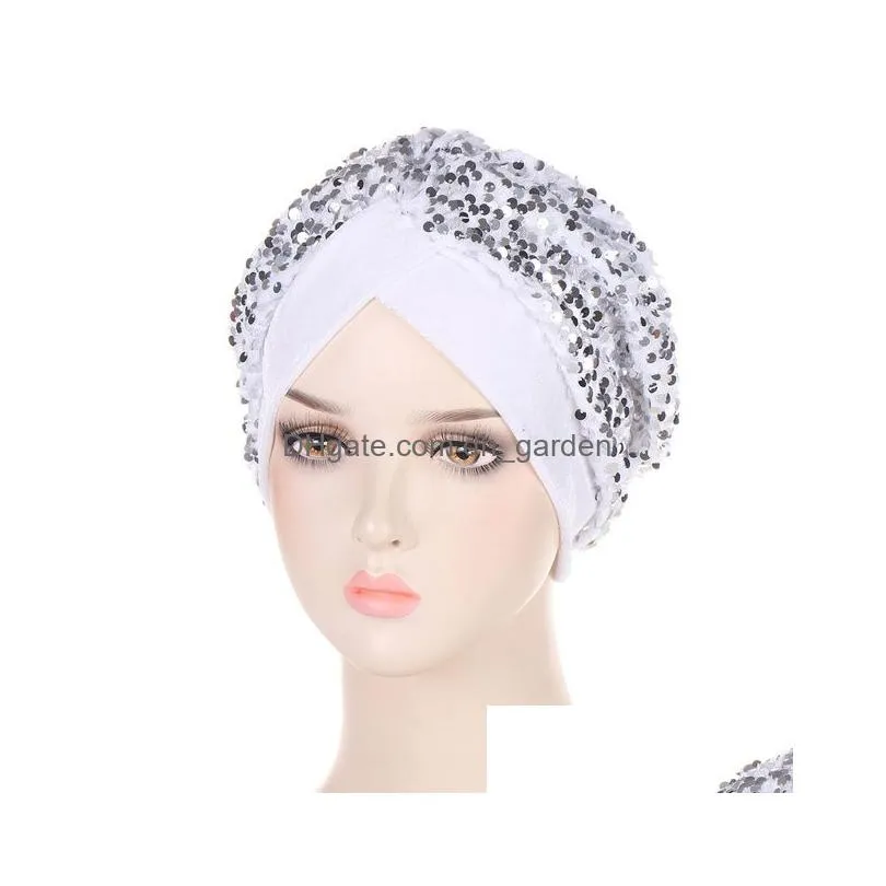 Beanie/Skull Caps New Muslim Turban Headwear For Women Pre Tied Veet Sequins Headwrap Chemo Beanies Hair Er Drop Delivery Fa Dhgarden Dhbpn