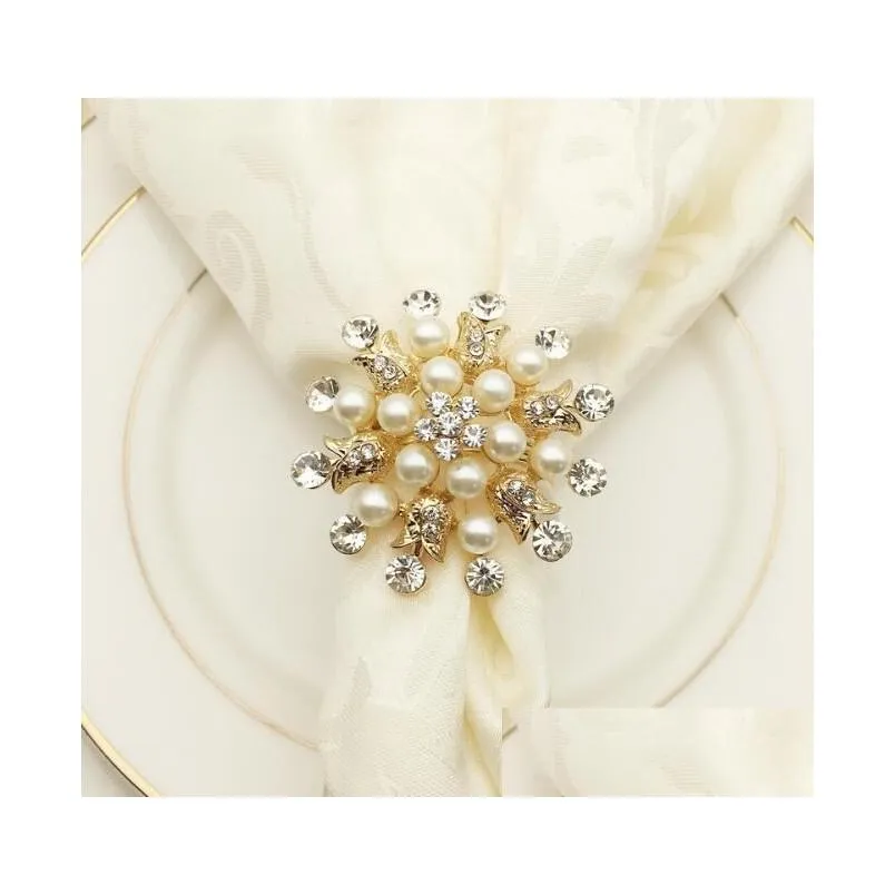 Napkin Rings Luxury Pearl Diamond El Wedding Supplies Ring Gold Plated Buckle Desktop Decoration Drop Delivery Home Garden Kitchen, Di Dhcse