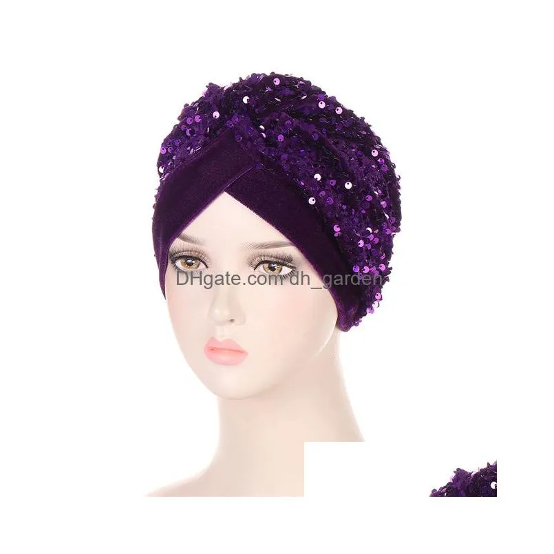 Beanie/Skull Caps New Muslim Turban Headwear For Women Pre Tied Veet Sequins Headwrap Chemo Beanies Hair Er Drop Delivery Fa Dhgarden Dhbpn