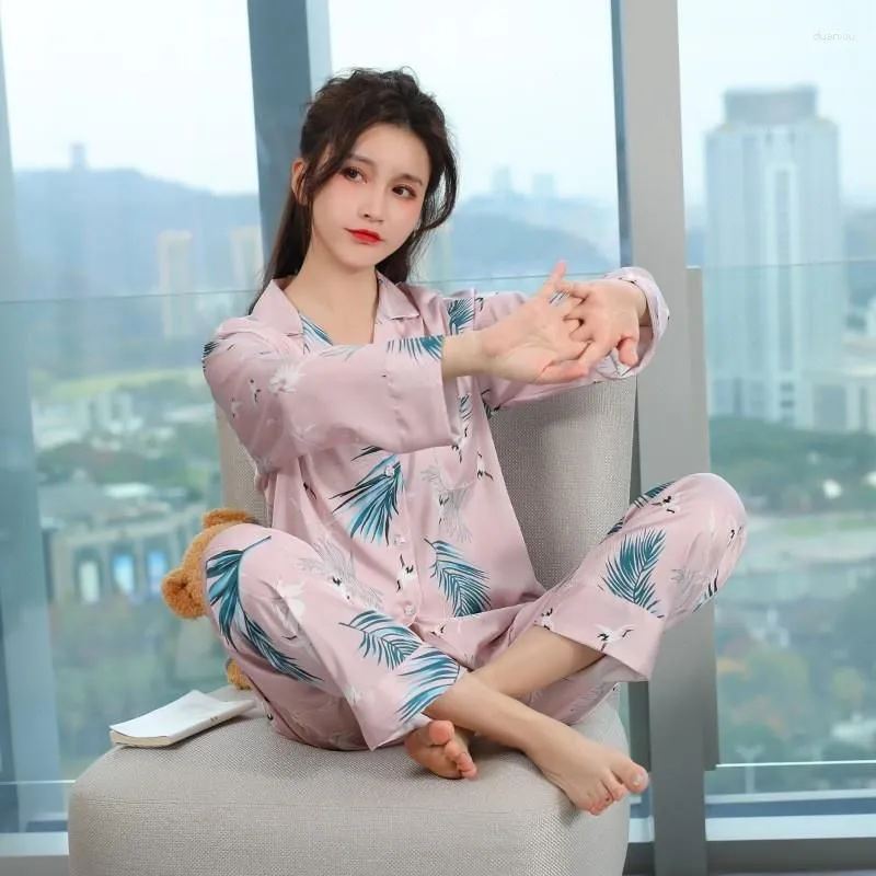 Women`s Sleepwear Ins Style Pink Ice Silk Pajamas Autumn Long Sleeved Trousers Two-piece Suit Household Clothes 2992