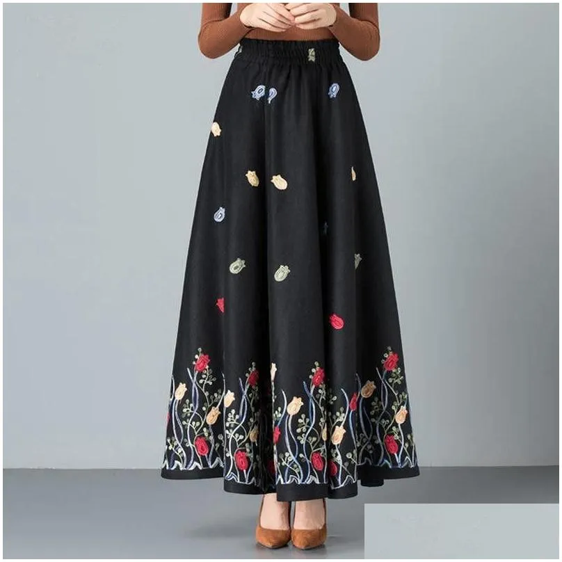 Skirts Mom Elegant Embroidered Maxi Pleated Skirt Women Plus Size Winter Warm Woolen Long Lady High Waist Casual Wool Office Drop Del Oteih