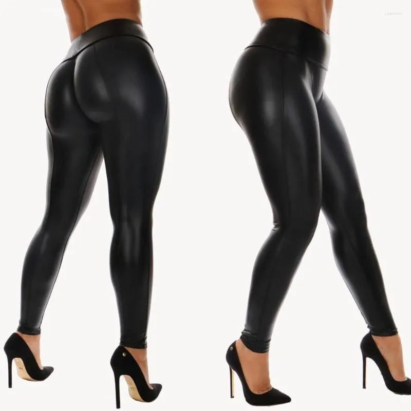 Women`s Pants Women PU Faux Leather Leggings Black High Waist Shiny Bling Stretch Elastic Pencil Trousers