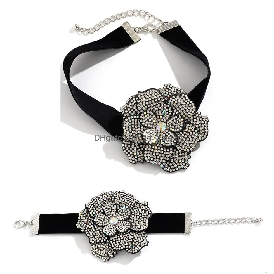 Chokers Exaggerated Big Rhinestone Flower Short Choker Necklace For Women Goth Elegant Black Veet Aesthetic Wed Jewelry Gift Dhgarden Dhwyo