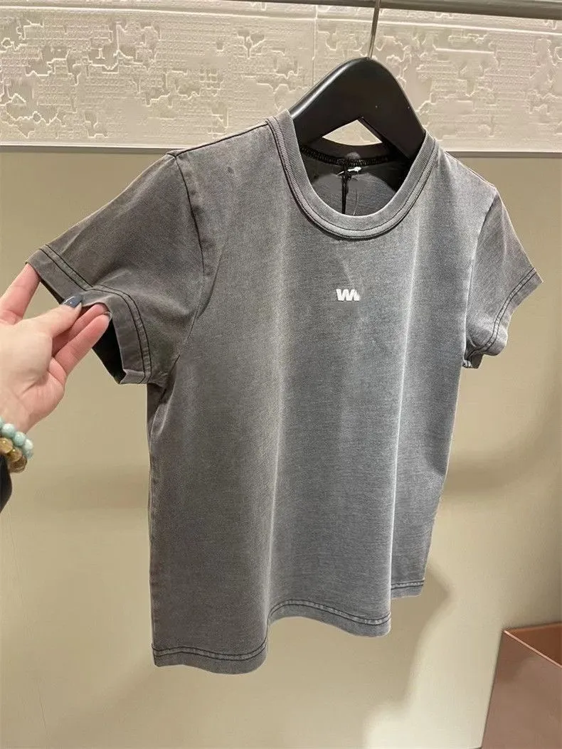 Women`s T Shirts Spring New Waistband Versatile Solid Print Short Sleeve Top T-Shirt